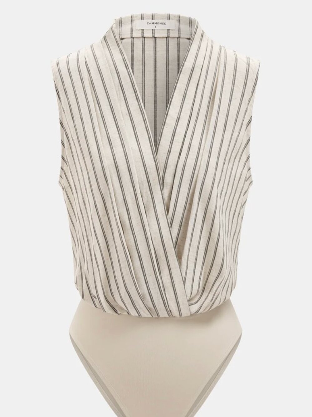 Commense Cotton Linen Striped Sleeveless Wrap Bodysuit S